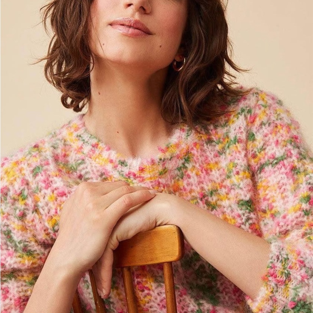Pink and Yellow Crew Neck Sweater with Fluffy Texture